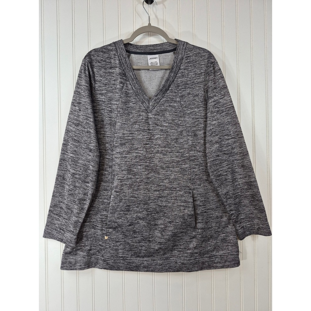Jockey Sport Women XL Space Dye Grey V-Neck Pullover Kangaroo Pocket Top Casual